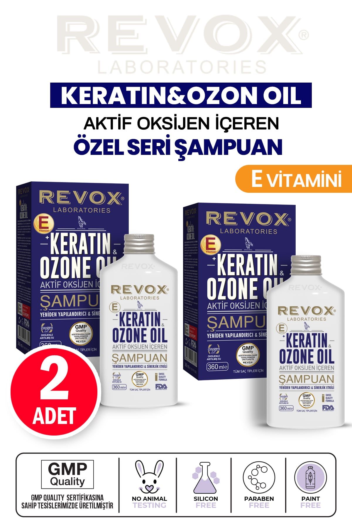 Keratin ve Ozon Oil, Aktif Oksijen İçeren Sinerjik Etkili, Yapılandırıcı Saç Bakım Şampuanı 2'li Set